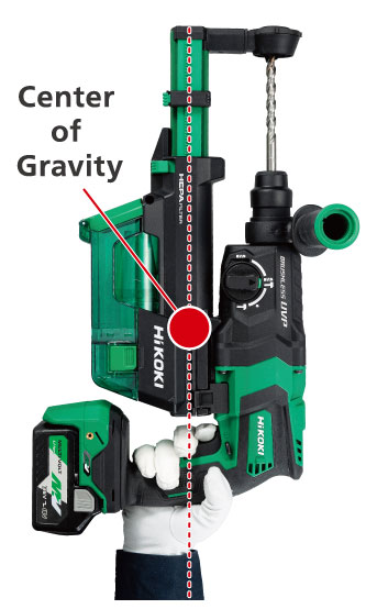 The Hikoki Cordless Rotary Hammer Drill (DH36DPE) with a dust collection system is well balanced.