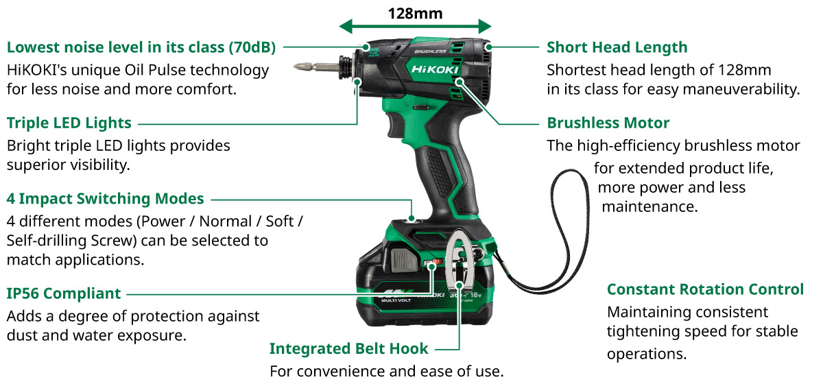 Explanatory image of Product features and specifications. Lowest noise level in its class (70 dB): HiKOKI's unique Oil Pulse technology for less noise and more comfort. Triple LED Lights: Bright triple LED lights provides superior visibility 4 Impact Switching Modes: 4 different modes (Power/Normal/Soft/Self-drilling Screw) can be selected to match applications. IP56 Compliant: Adds a degree of protection against dust and water exposure. Integrated Belt Hook:For convenience and ease of use. Short Head Length: Shortest head length of 128 mm in its class for easy maneuverability. Brushless Motor: The high-efficiency brushless motor for extended product life, more power and less maintenance. Constant Rotation Control: Maintaining consistent tightening speed for stable operations.