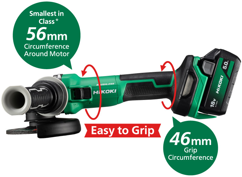 Smallest in class* circumference around motor 56mm, 46mm Grip circumference