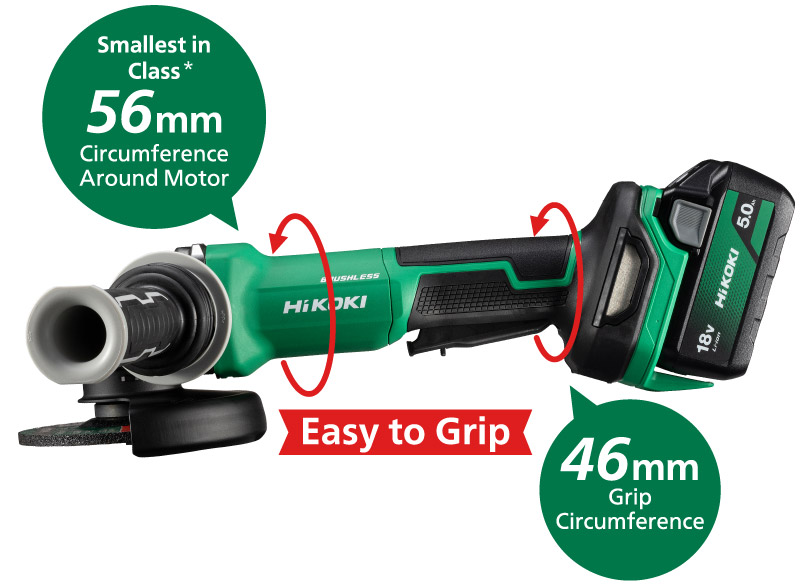 Smallest in class* circumference around motor 56mm, 46mm Grip circumference