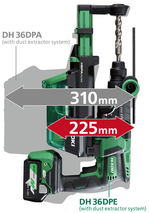 The height of the body with the dust collection system is 310 mm for the DH36DPA (conventional product) and 225 mm for the DH36DPE.